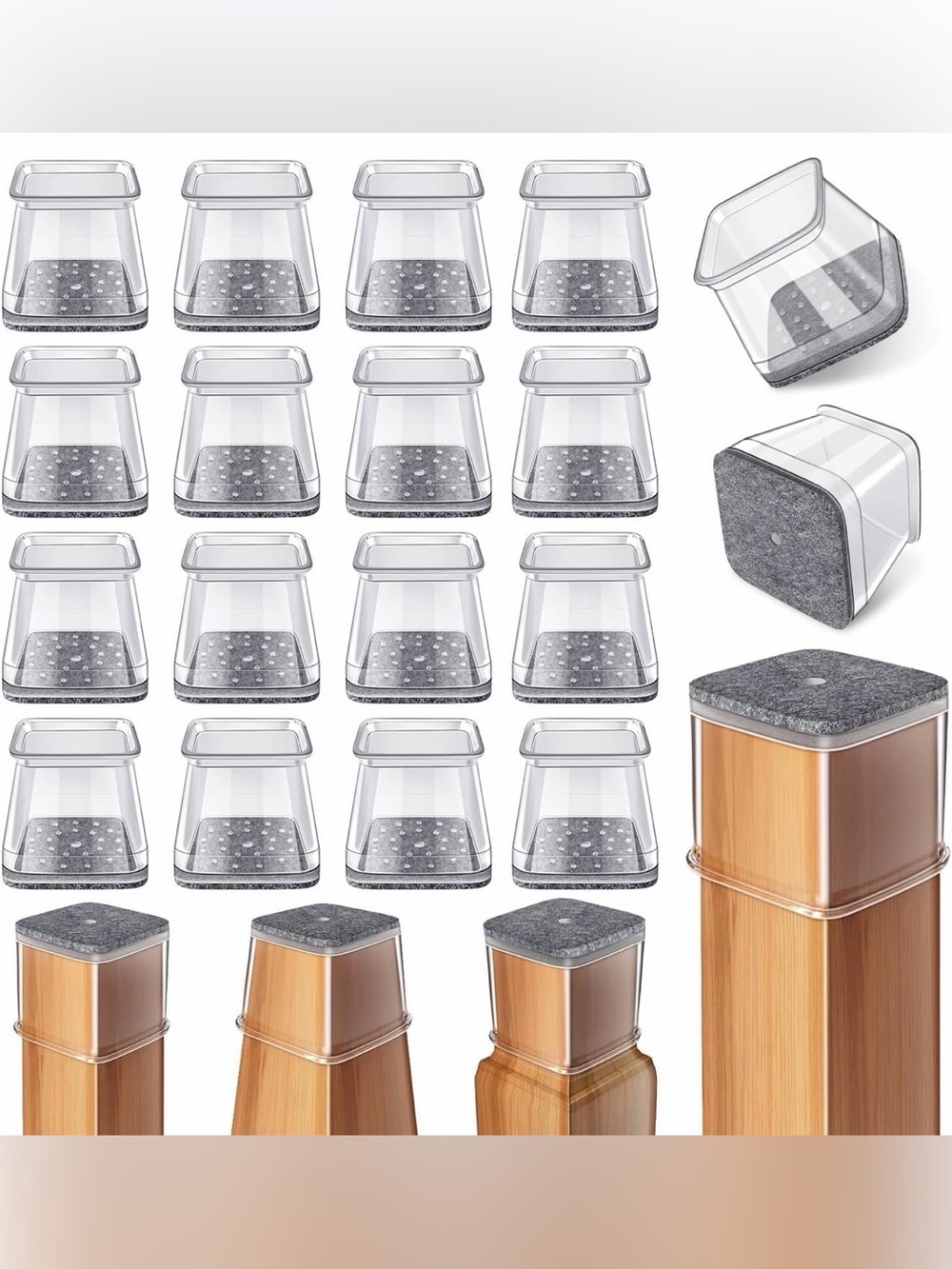 24 Pcs Chair Leg Floor Protectors Square, Silicone Felt Furniture Leg Caps Cover